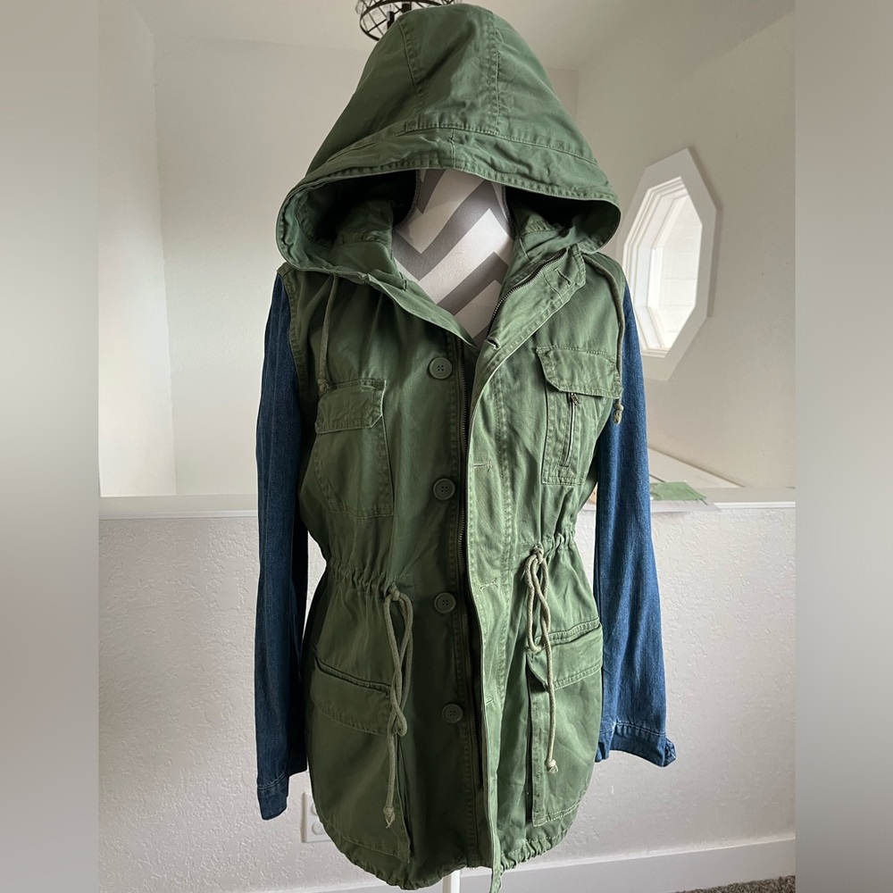Blue and green denim jacket| LA. Hearts adjustable jacket| long jacket